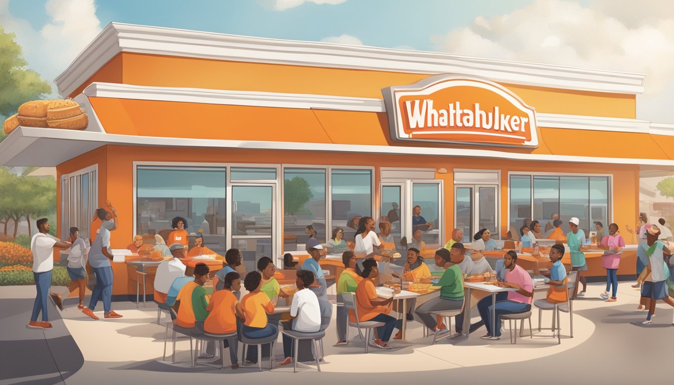 A bustling Whataburger with a diverse group of customers enjoying their meals, while staff members engage with the community and hand out rewards