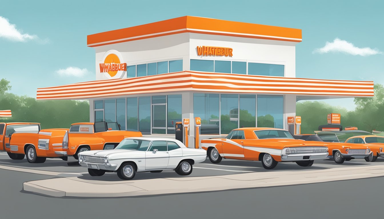 A bustling Whataburger location in Texas, with the iconic orange and white striped building and a line of cars at the drive-thru