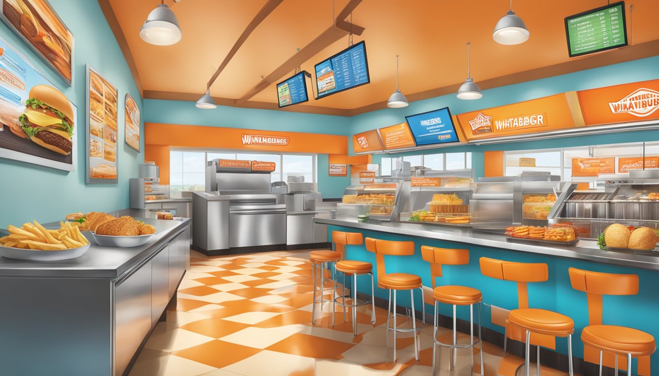 A colorful menu board displays various food items and unique features at a Texas Whataburger location