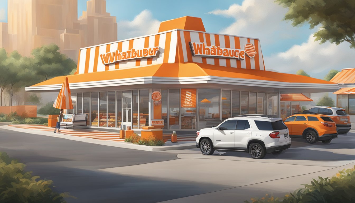 A bustling Whataburger location stands out among a cluster of other fast food chains, with its distinctive orange and white striped A-frame building and large outdoor sign