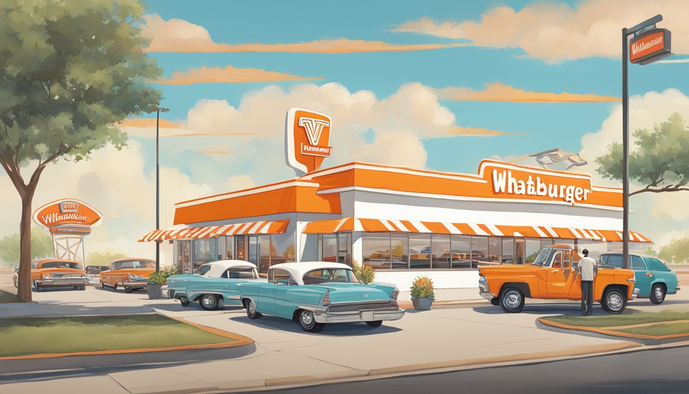 A bustling Whataburger location with a classic orange and white striped A-frame building, a drive-thru line of cars, and a colorful map of Whataburger's presence in popular culture and media displayed on the wall