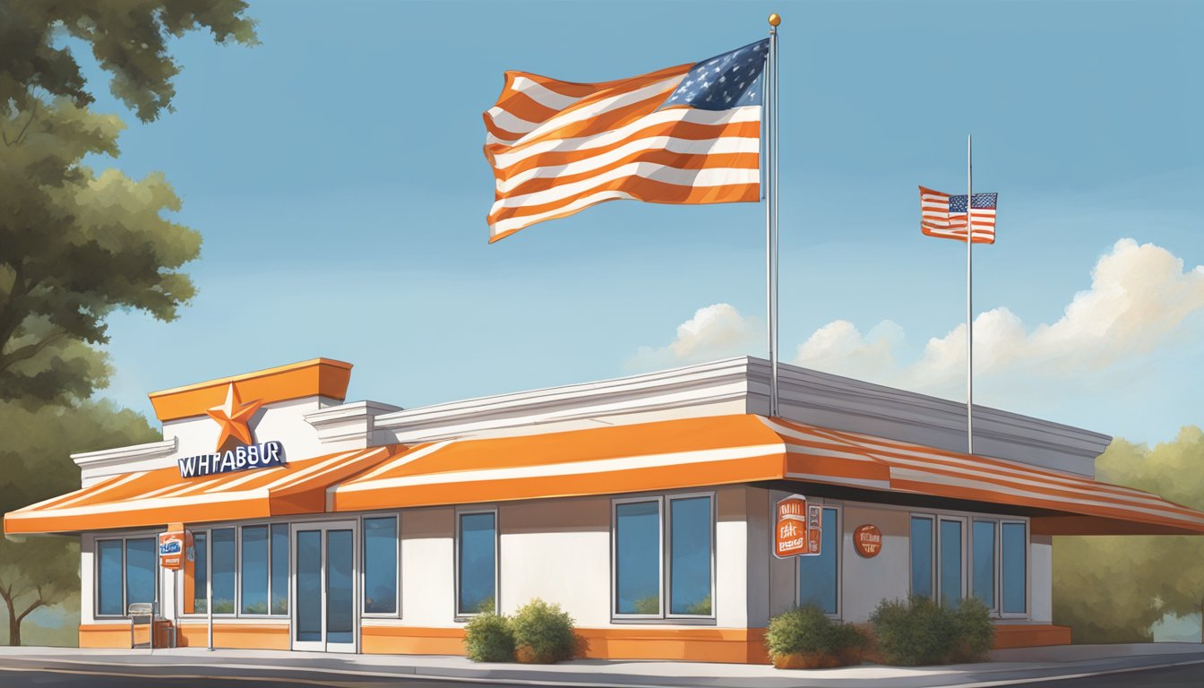 A lone lone star flag flying high above a bustling Whataburger restaurant, surrounded by the iconic orange and white striped awning