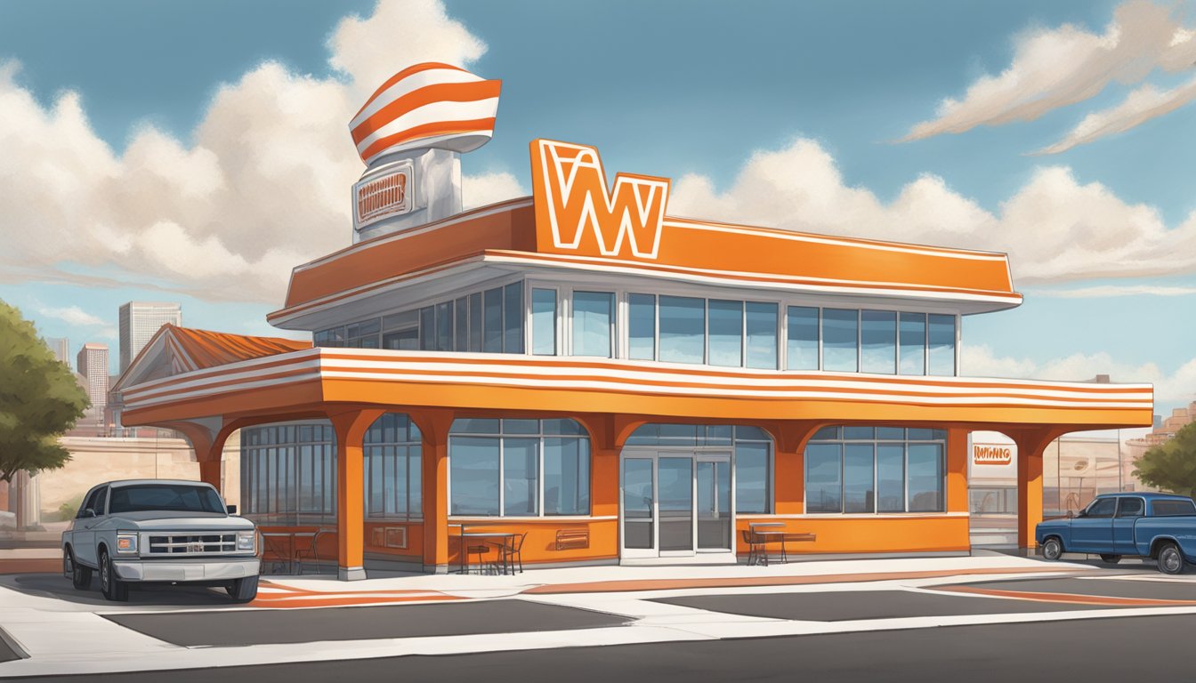 The iconic orange and white striped roof of a Whataburger restaurant stands proudly against a backdrop of the Texas skyline