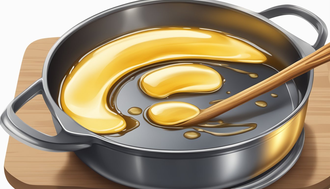 A jar of honey and a stick of butter melting together in a skillet