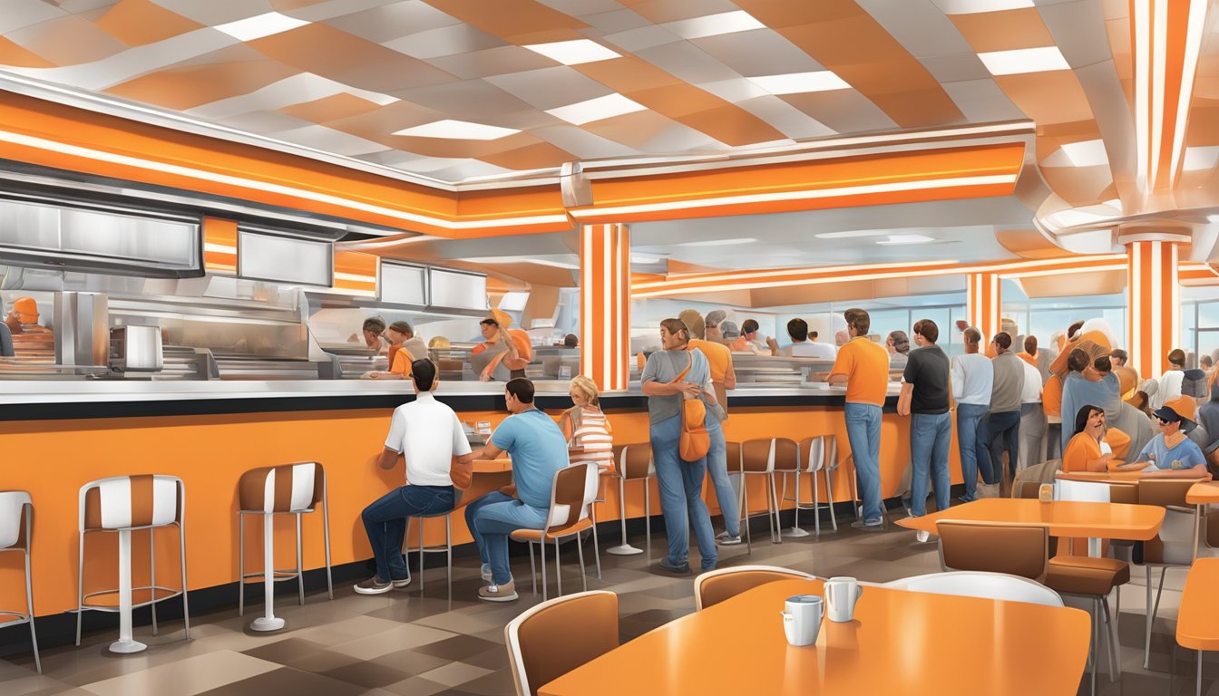 A crowded Whataburger restaurant in Texas with satisfied customers and the iconic orange and white striped building in the background