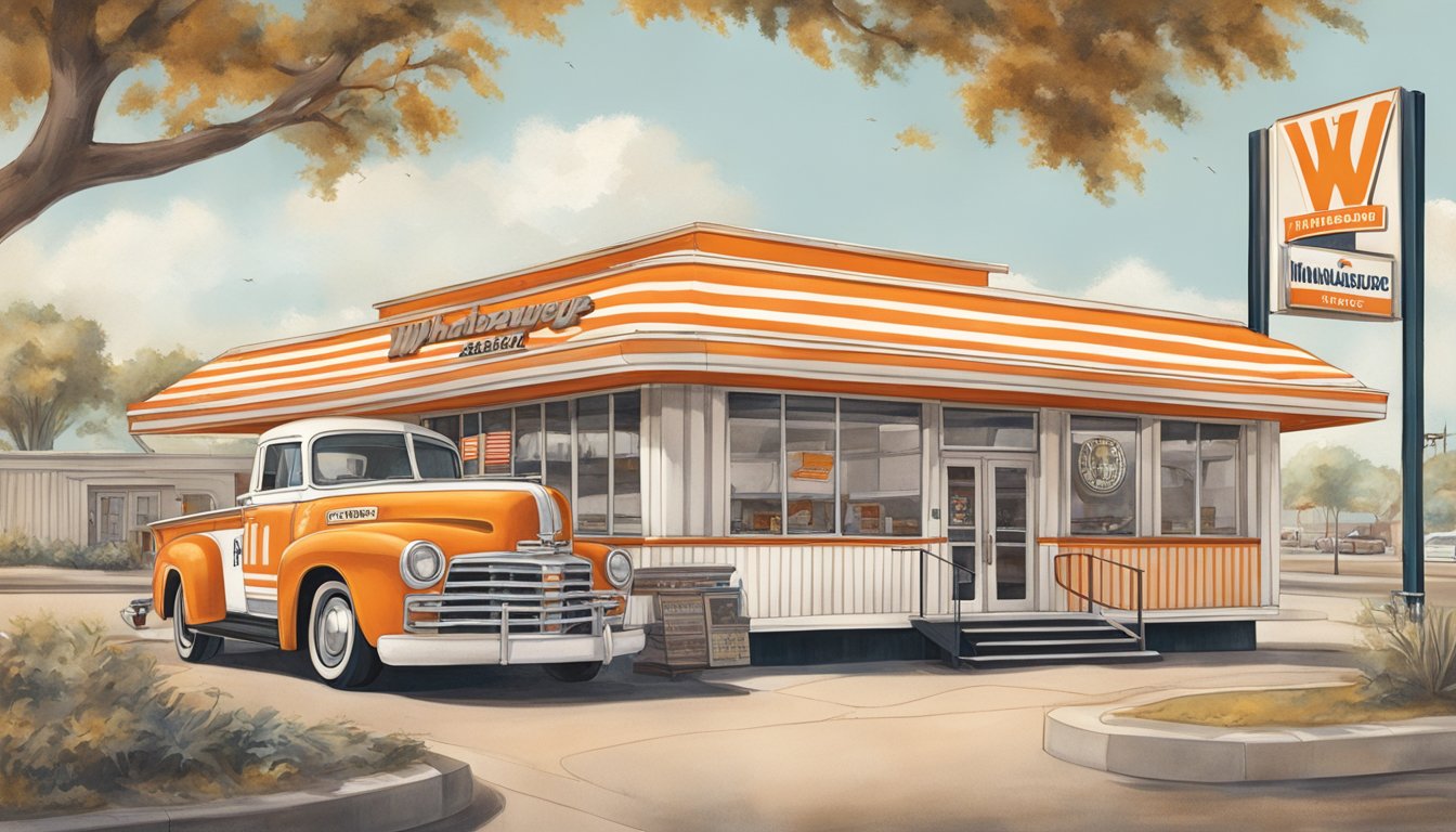 A vintage Whataburger restaurant with iconic orange and white stripes, surrounded by historical photos and memorabilia