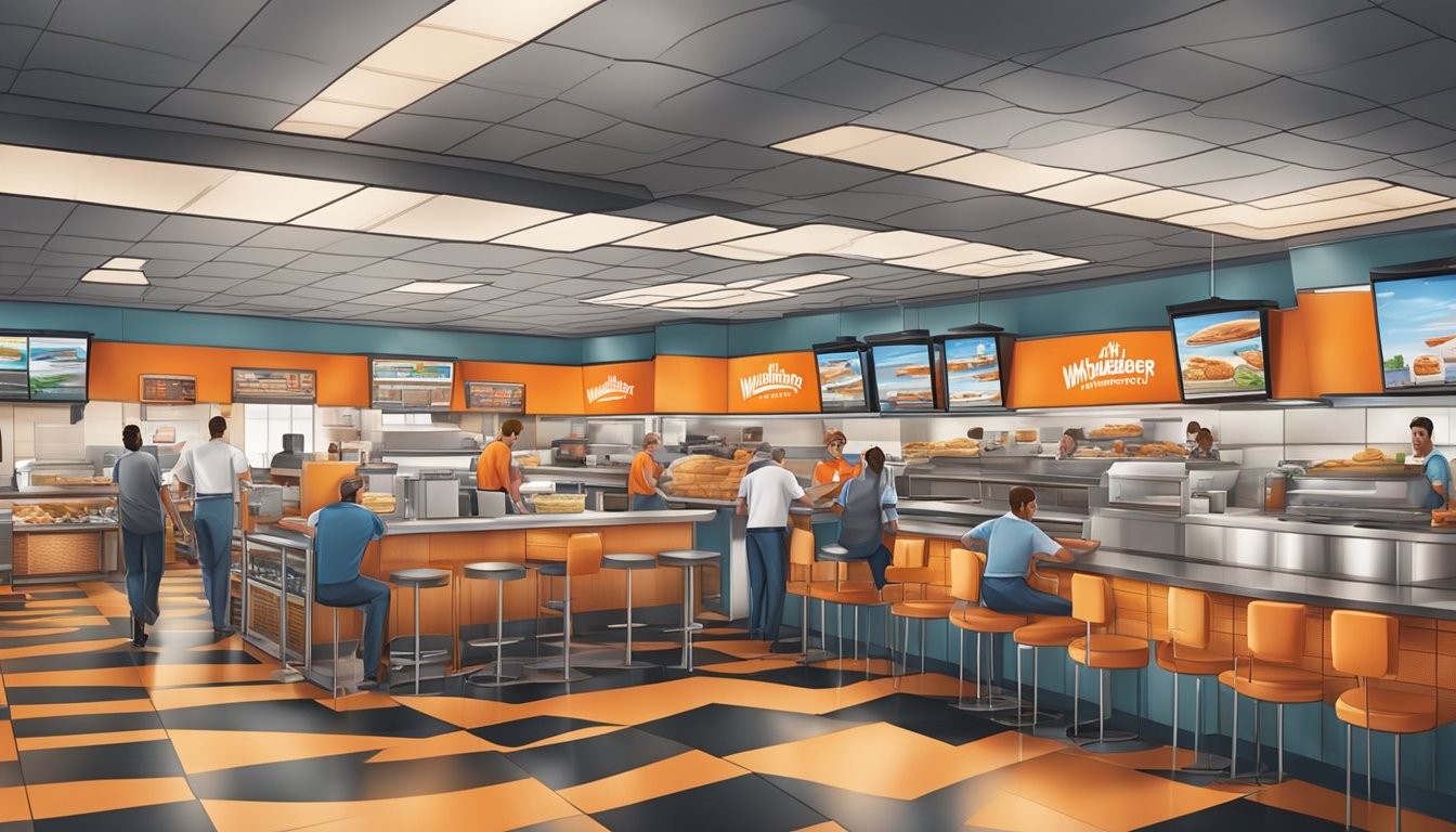 A bustling Whataburger restaurant with employees working together in a fast-paced and friendly environment