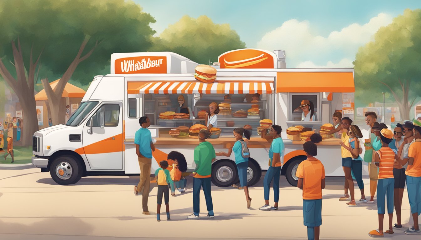 A group of people gather around a Whataburger food truck at a community event, engaging with the brand's mobile application