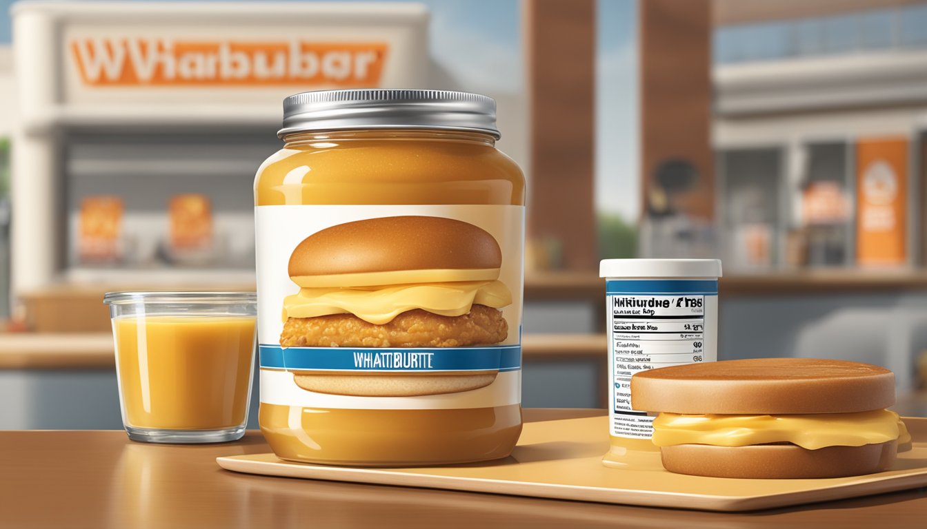 A jar of honey butter next to a Whataburger with a nutritional label