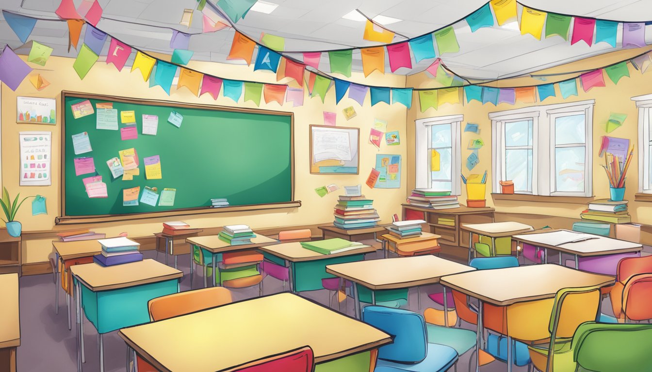 A classroom filled with colorful drawings and thank-you notes for teachers, with a banner reading "Teacher Appreciation" hanging on the wall