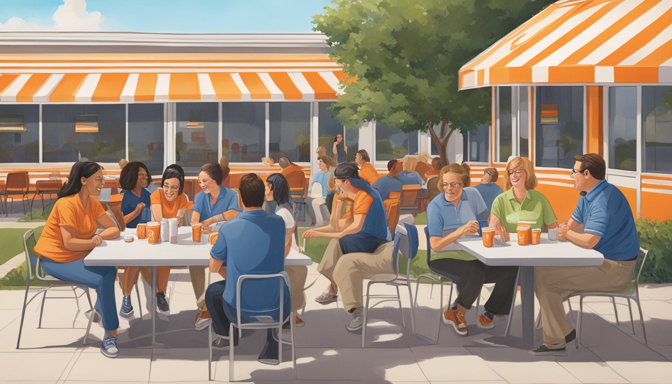 A group of teachers gather around a table outside a Whataburger restaurant, chatting and enjoying their meals. The restaurant's iconic orange and white stripes are visible in the background