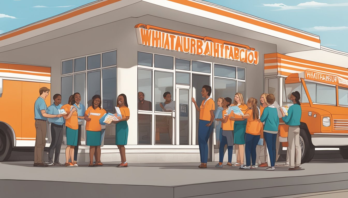 A group of teachers and students gather around a Whataburger restaurant, exchanging smiles and thank you cards. The restaurant's sign displays a message of appreciation for teachers