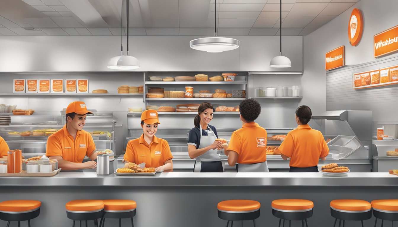 A Whataburger restaurant with employees at the counter and in the kitchen, serving customers and preparing food