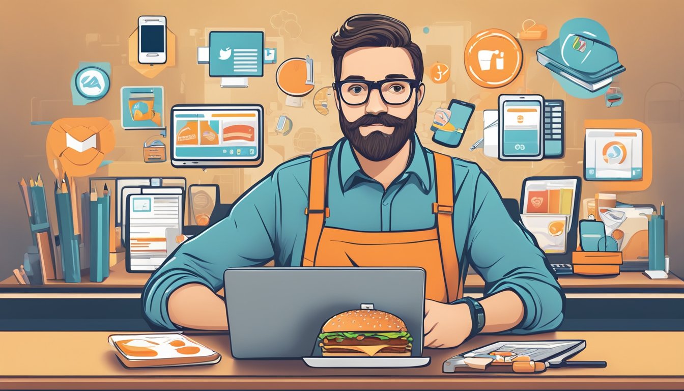 A teacher holding a smartphone, surrounded by technology icons and social media symbols, with a Whataburger meal on the desk