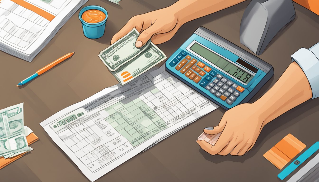 A Whataburger employee receiving their paycheck with a pay stub and a calculator on the table