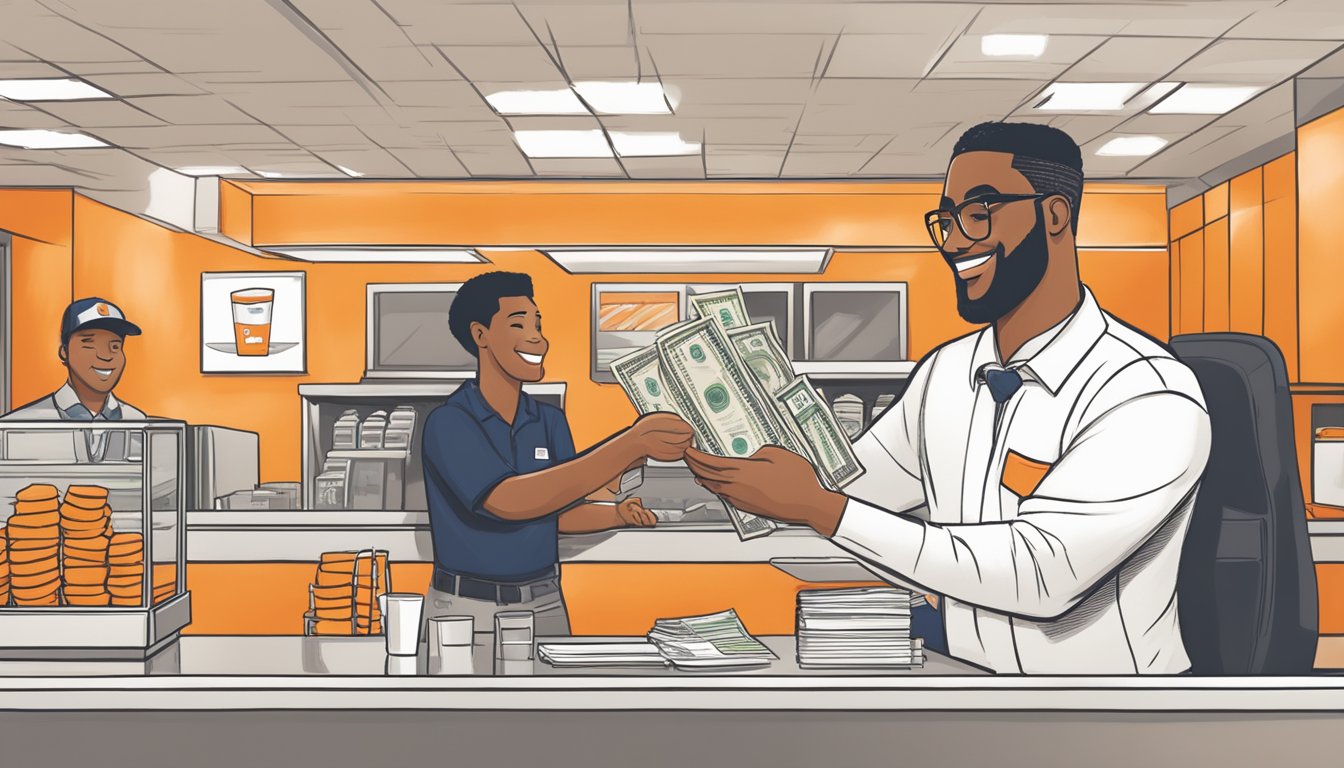 A Whataburger employee receiving their paycheck at the conclusion of their shift