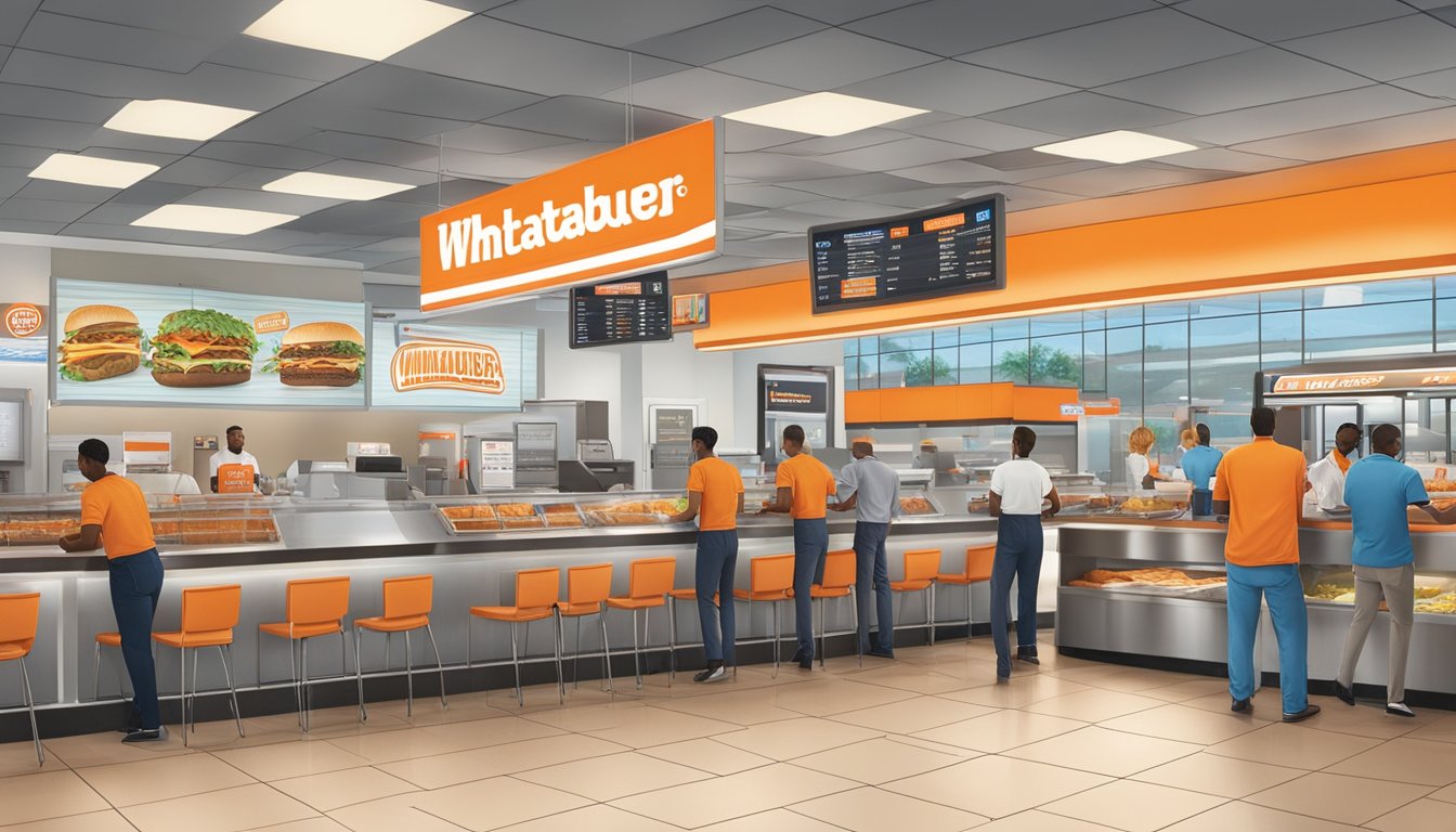 The bustling Whataburger at DFW airport, with customers ordering at the counter, while staff prepare and serve food. A glowing menu board displays the available amenities and services