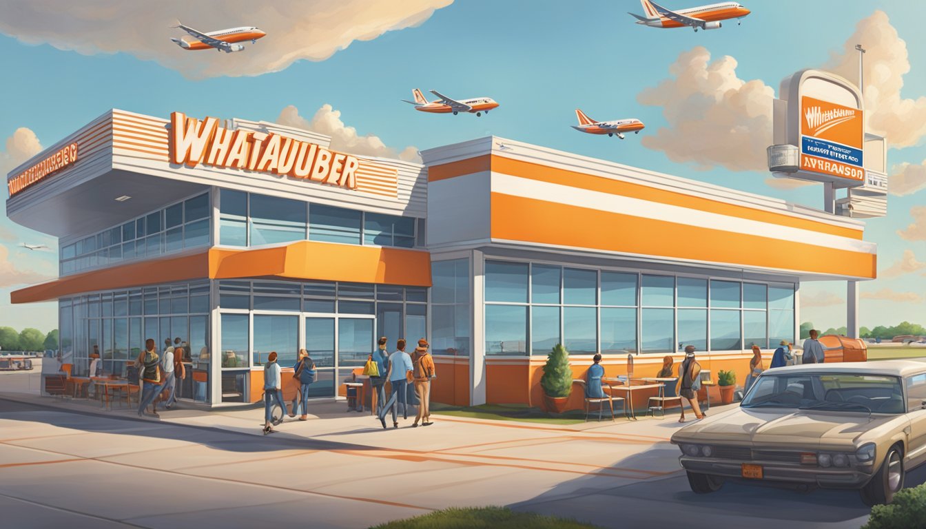 A Whataburger restaurant sits near the Dallas Fort Worth airport, with travelers coming and going, and planes taking off and landing in the distance