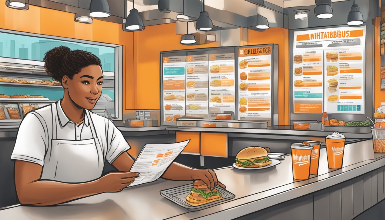 A person with food allergies ordering from a WhatABurger allergy menu at a restaurant counter