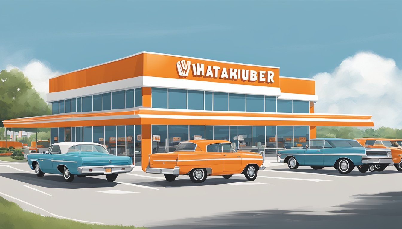 A bustling Whataburger restaurant in Anderson, South Carolina, with a classic orange and white exterior and a drive-thru line of cars