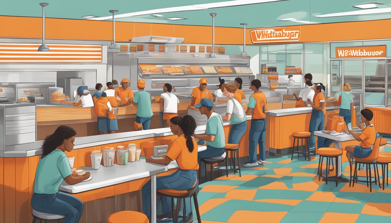 A bustling Whataburger restaurant during lunch hours, with customers ordering and enjoying their meals, and staff working behind the counter