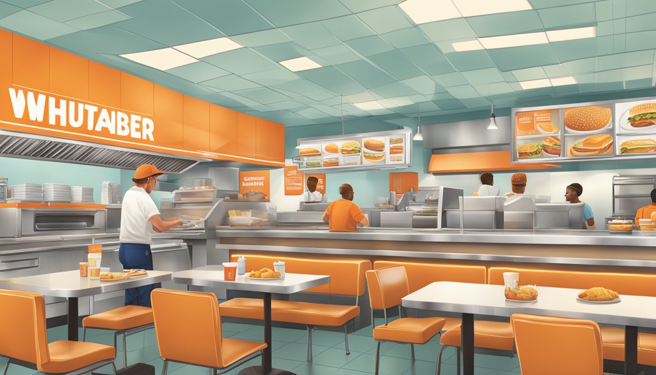 A bright, bustling Whataburger restaurant during lunch hours, with customers ordering at the counter and staff preparing meals in the kitchen