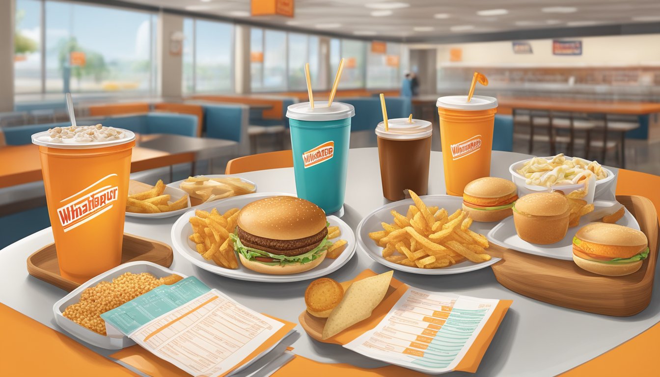 A table with various food items and a menu, with a focus on allergy-friendly options, at a Whataburger restaurant