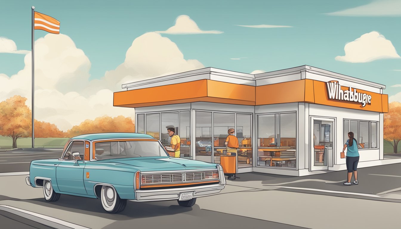 A customer at a drive-thru window, with a Whataburger restaurant in the background, placing an order with a staff member