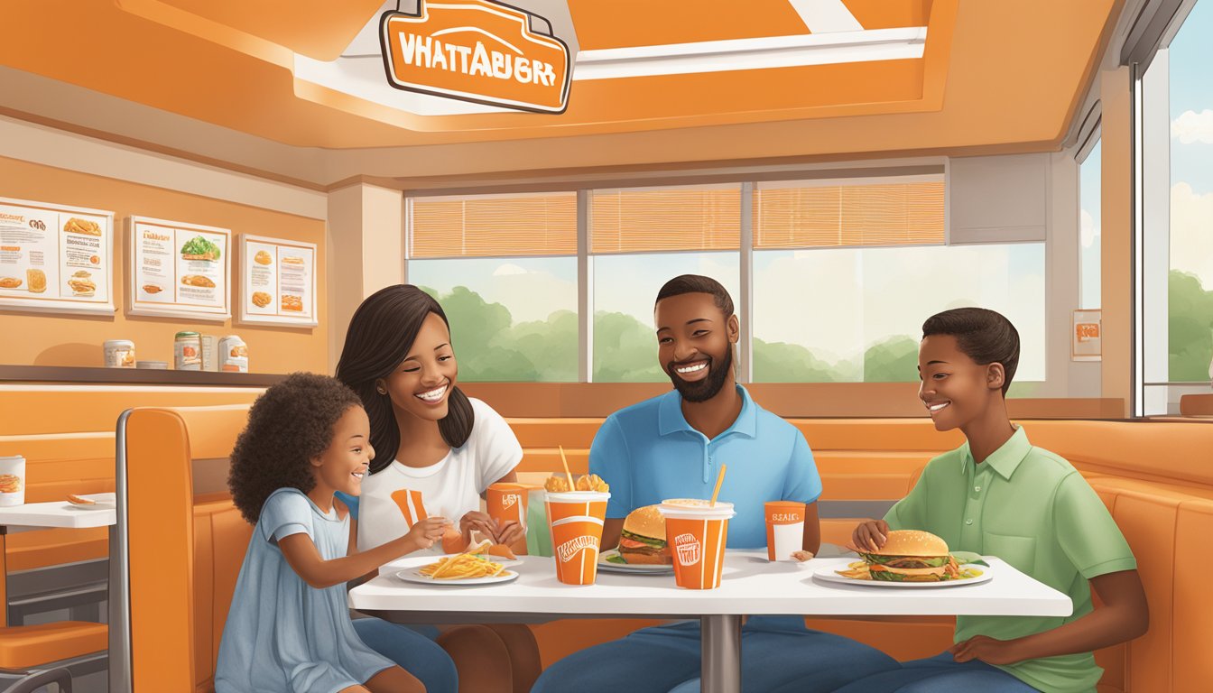 A family enjoying a meal at Whataburger, with a clear allergy menu displayed and a friendly staff member assisting a customer with dietary restrictions