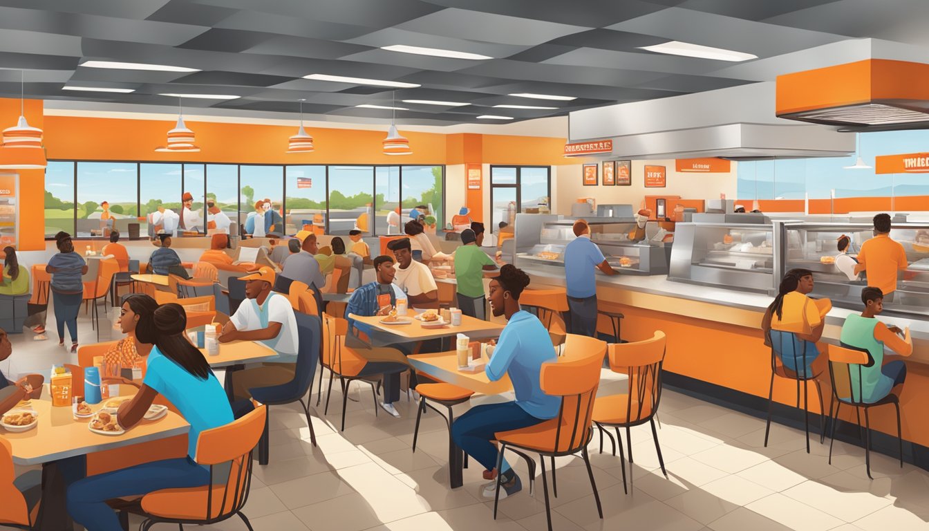 A bustling Whataburger restaurant during lunch hours, with a diverse array of customers enjoying their meals at various tables