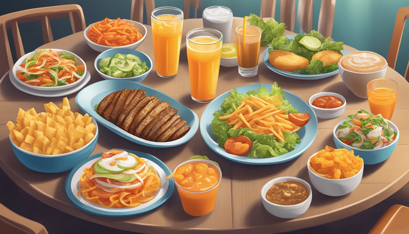 A table set with a variety of colorful and appetizing side dishes and beverages, ready to be served during lunch hours at Whataburger