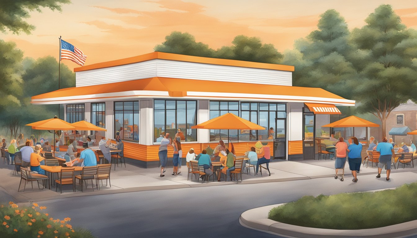 A bustling Whataburger in Anderson, SC, with people enjoying meals and engaging in community events