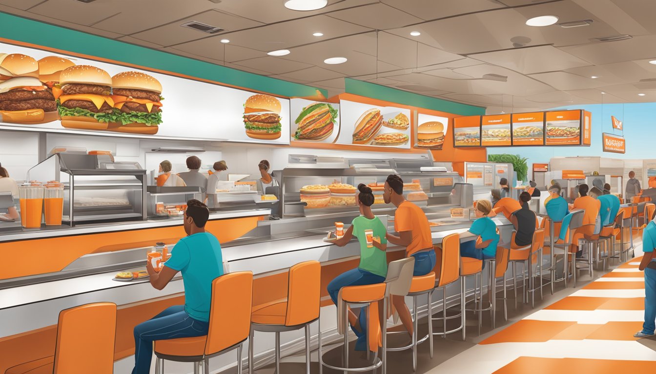 A bustling Whataburger restaurant during lunch hours, with customers choosing from a variety of customizable meal options at the counter