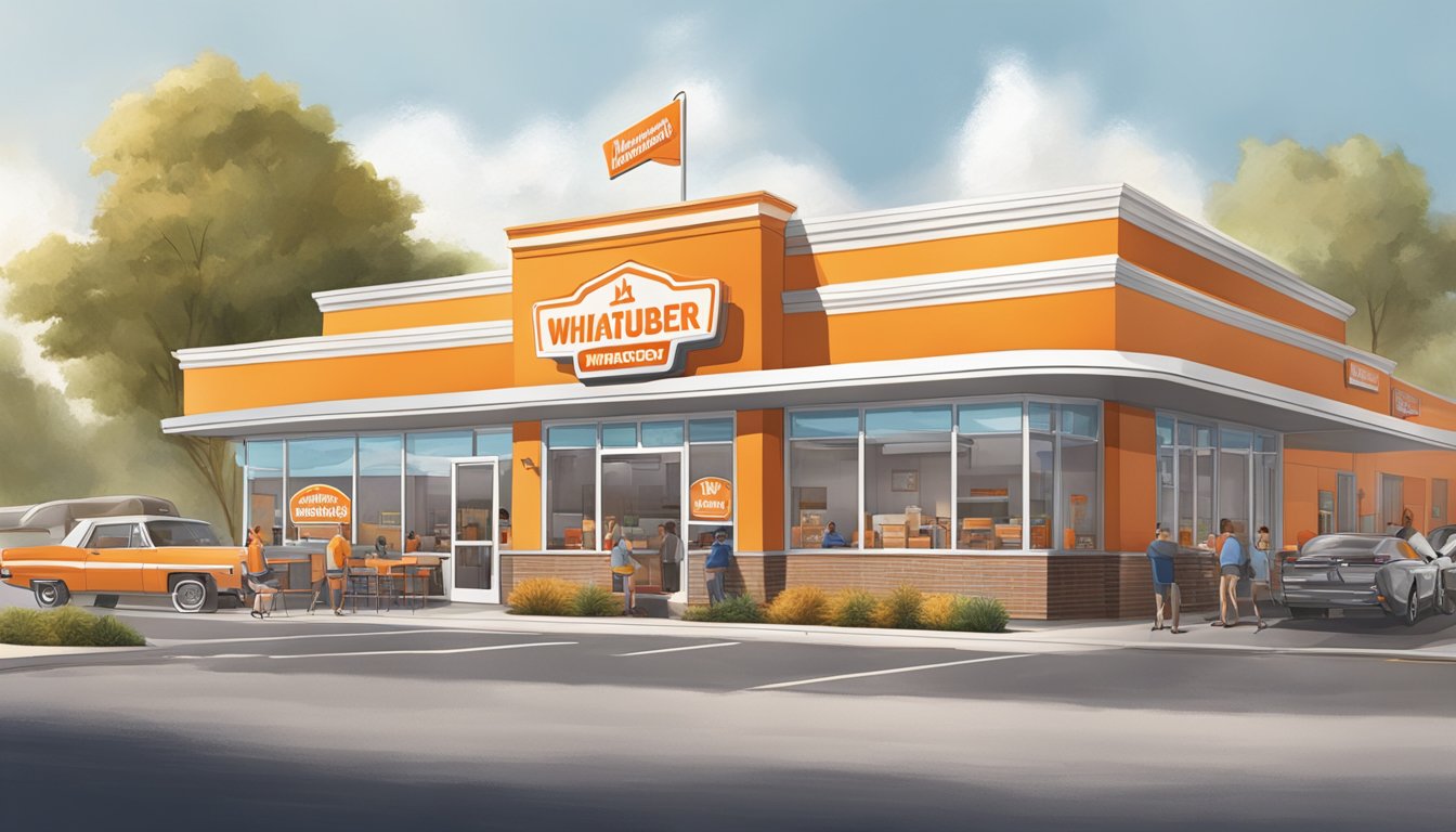 A bustling Whataburger restaurant in Anderson, SC, with a drive-thru, outdoor seating, and a busy staff serving customers