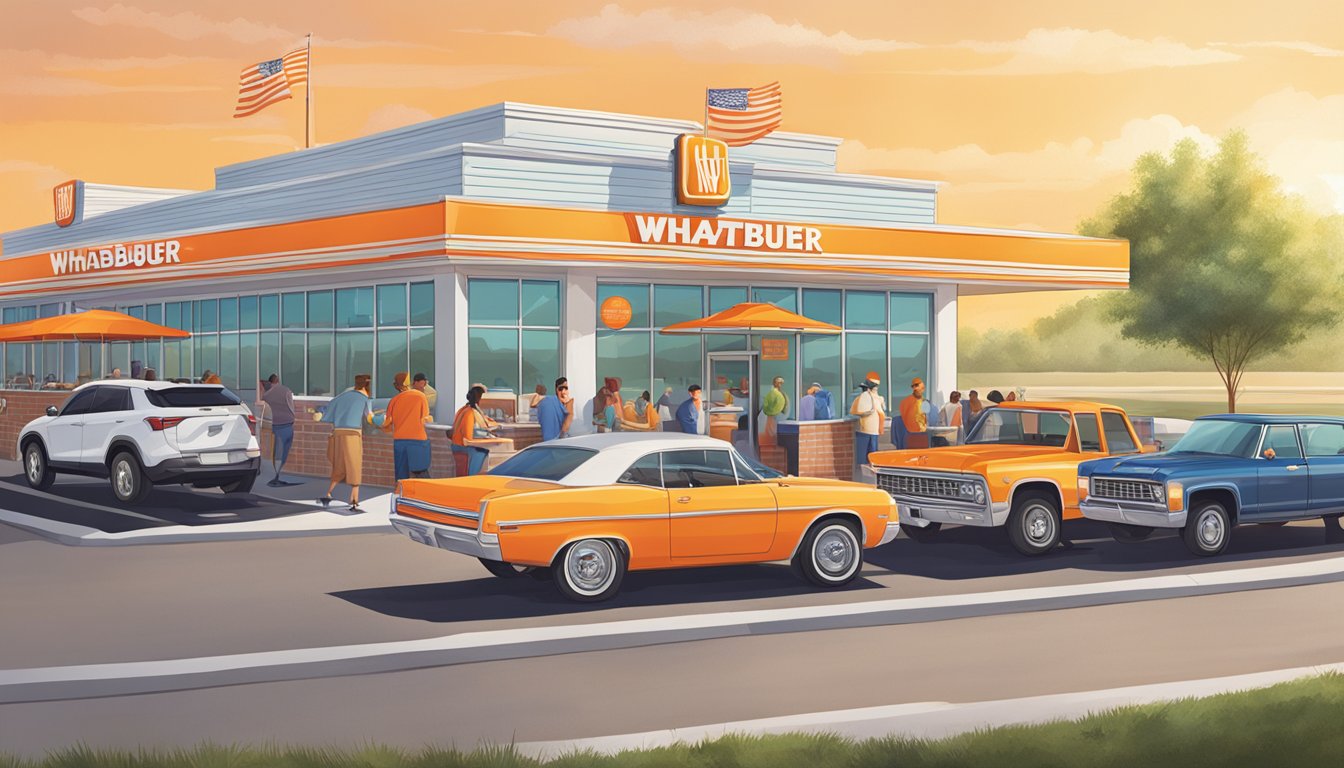 The sun shines over a bustling Whataburger during extended lunch hours, with cars lined up at the drive-thru and customers enjoying their meals at outdoor tables