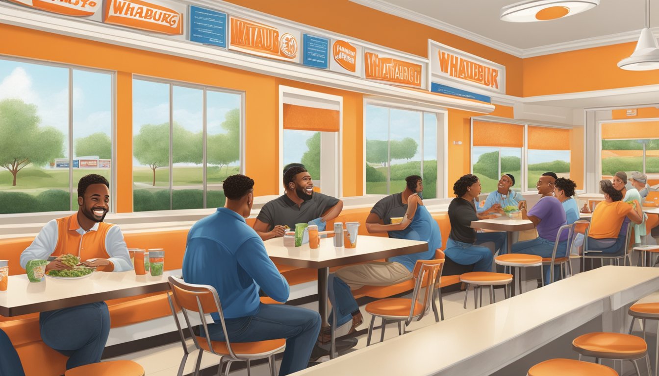 Customers enjoying their meals at a WhatABurger location in Anderson, SC, with friendly staff providing excellent service