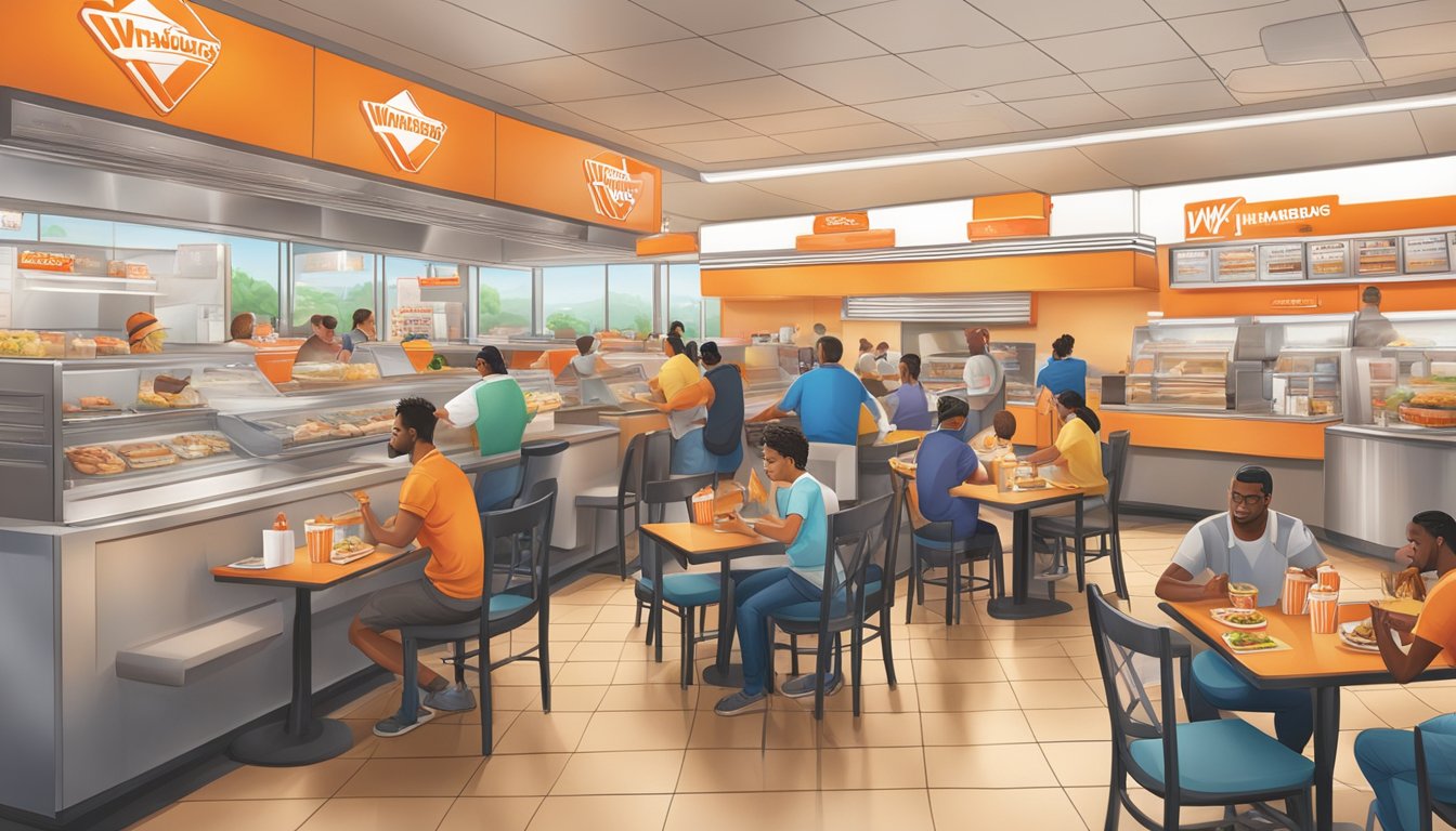 A bustling Whataburger restaurant during lunch hours, with customers ordering special offerings at the counter and enjoying their meals at tables