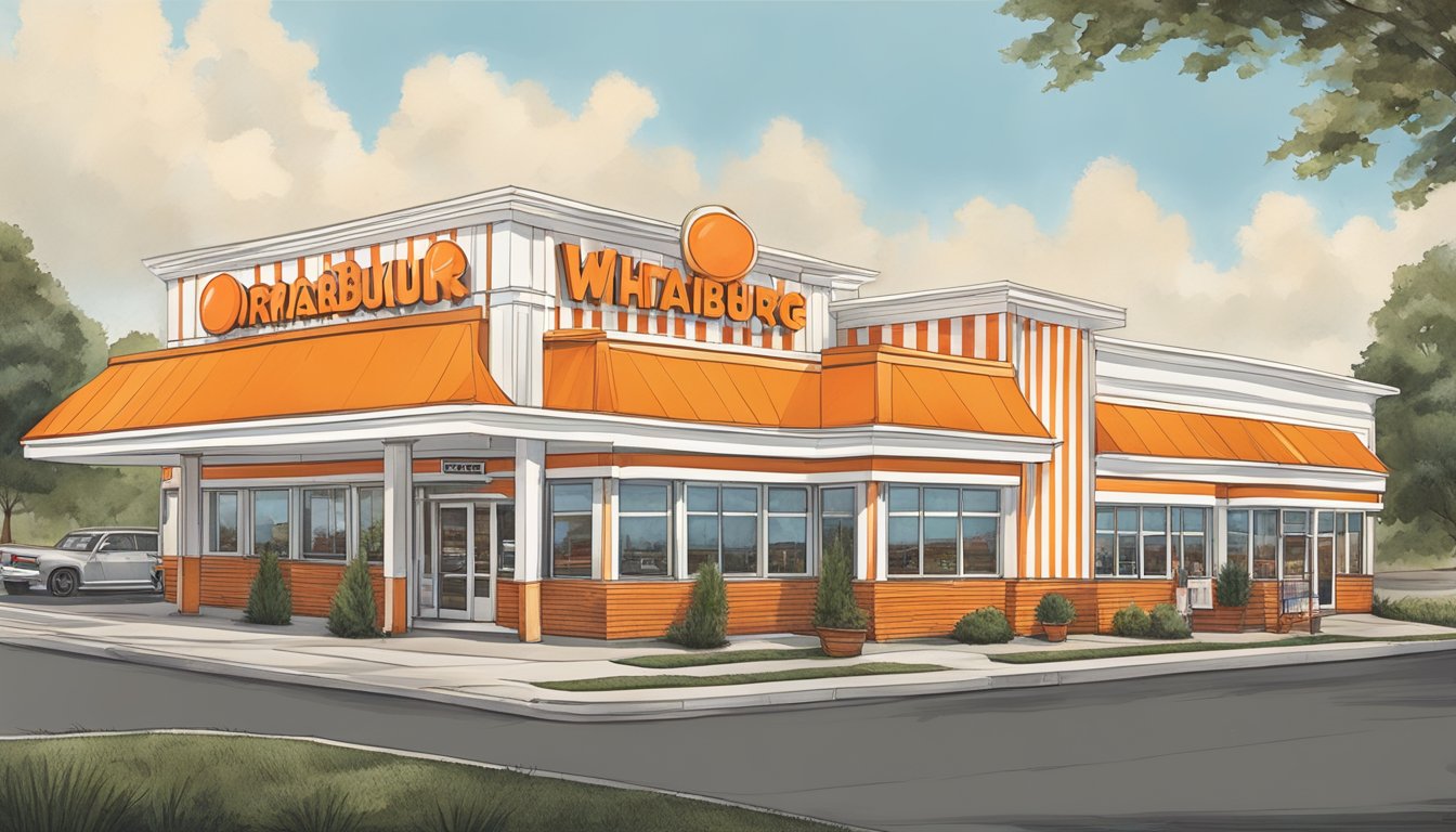 The iconic orange and white striped Whataburger building stands proudly in the heart of Clarksville, Tennessee, with a bustling drive-thru and welcoming outdoor seating area