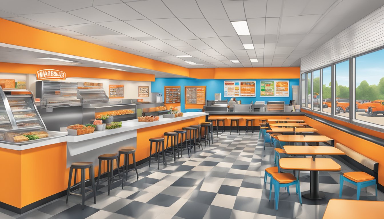 The bustling interior of a Whataburger in Clarksville, TN, with a colorful menu board and a variety of dining options on display