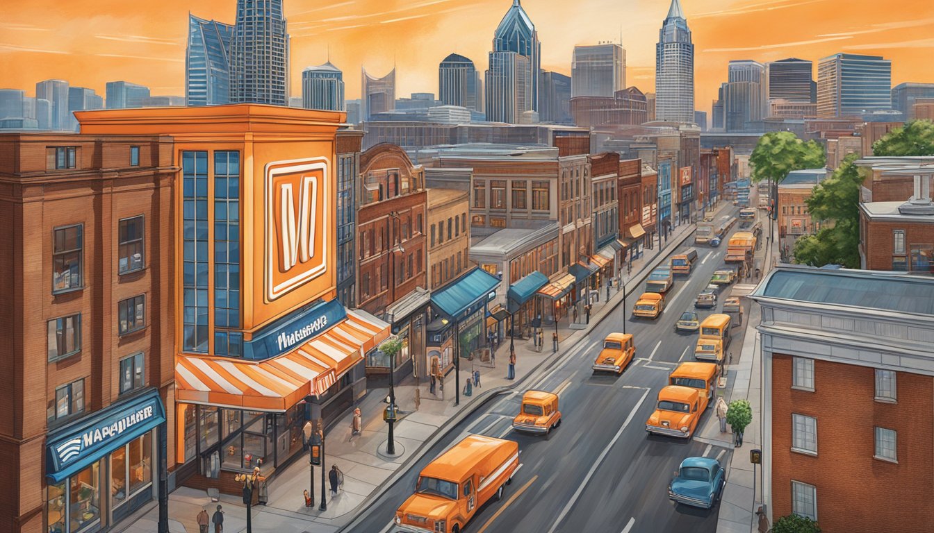 The Whataburger sign stands tall against the Nashville skyline, surrounded by bustling city streets and a mix of modern and historic buildings