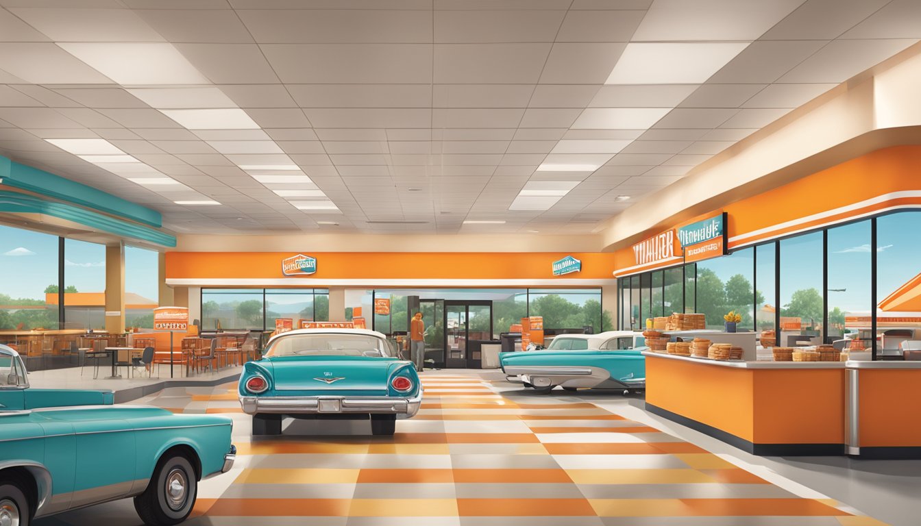 A bustling Whataburger restaurant in Clarksville, TN, with a drive-thru, outdoor seating, and a colorful, retro-inspired interior