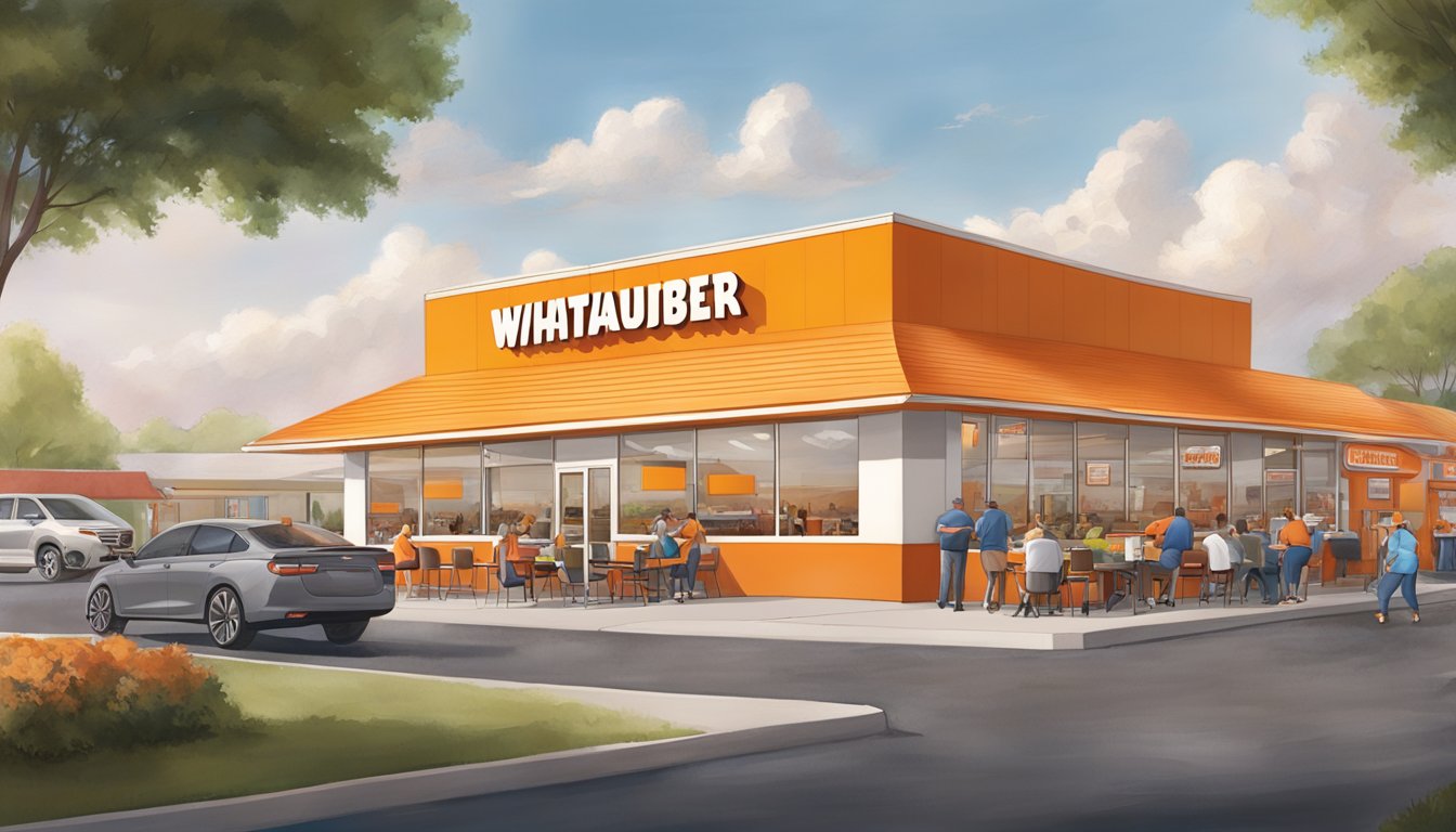 A bustling Whataburger restaurant in Clarksville, TN, with customers enjoying their meals, employees serving food, and a vibrant sense of community involvement and local impact