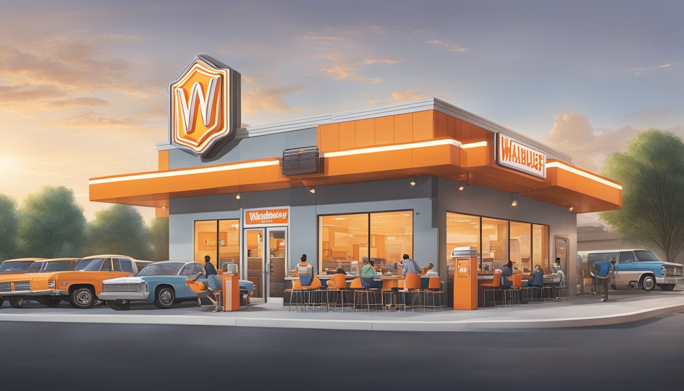 A bustling WhatABurger in Nashville, with a drive-thru and outdoor seating, surrounded by bustling streets and easy access for customers