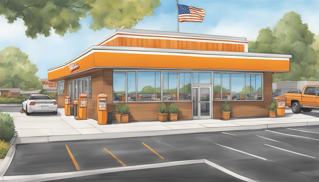 A bustling Whataburger restaurant in Clarksville, TN, with a drive-thru, outdoor seating, and the iconic orange and white striped building