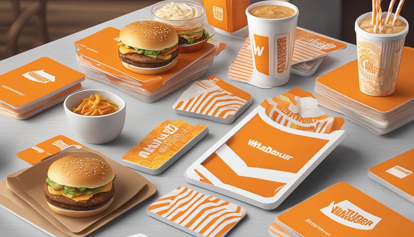 A table with Whataburger merchandise and gift cards displayed