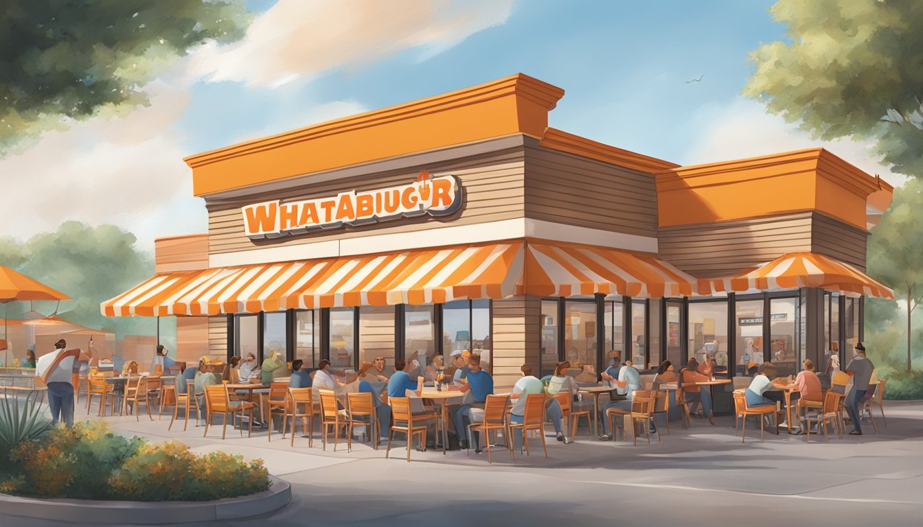 A bustling Whataburger restaurant in Nashville with a vibrant outdoor patio, filled with happy customers enjoying their meals and engaging with the brand's signage and decor