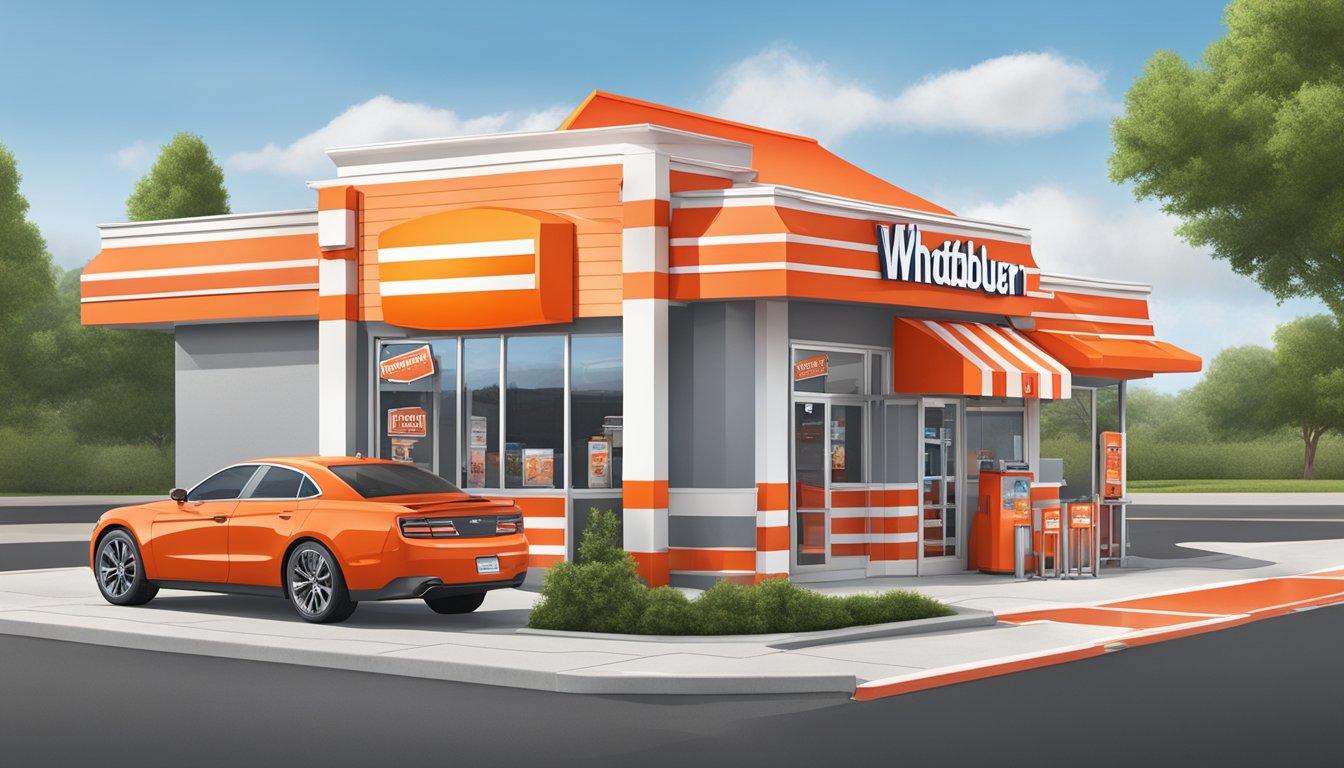 A Whataburger restaurant with a bright red and white exterior, a drive-thru lane, and a large sign advertising free coupons