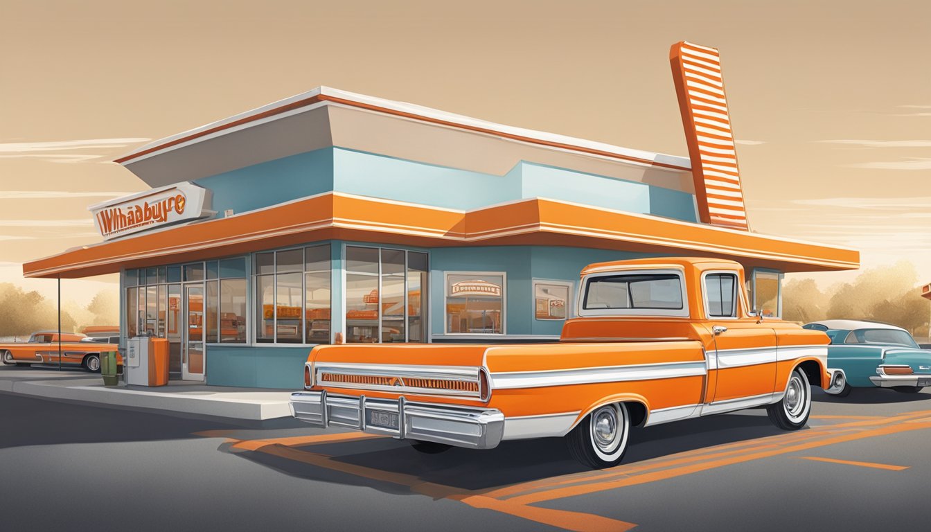 A vintage Whataburger restaurant with the iconic orange and white striped A-frame building, surrounded by a bustling parking lot and drive-thru