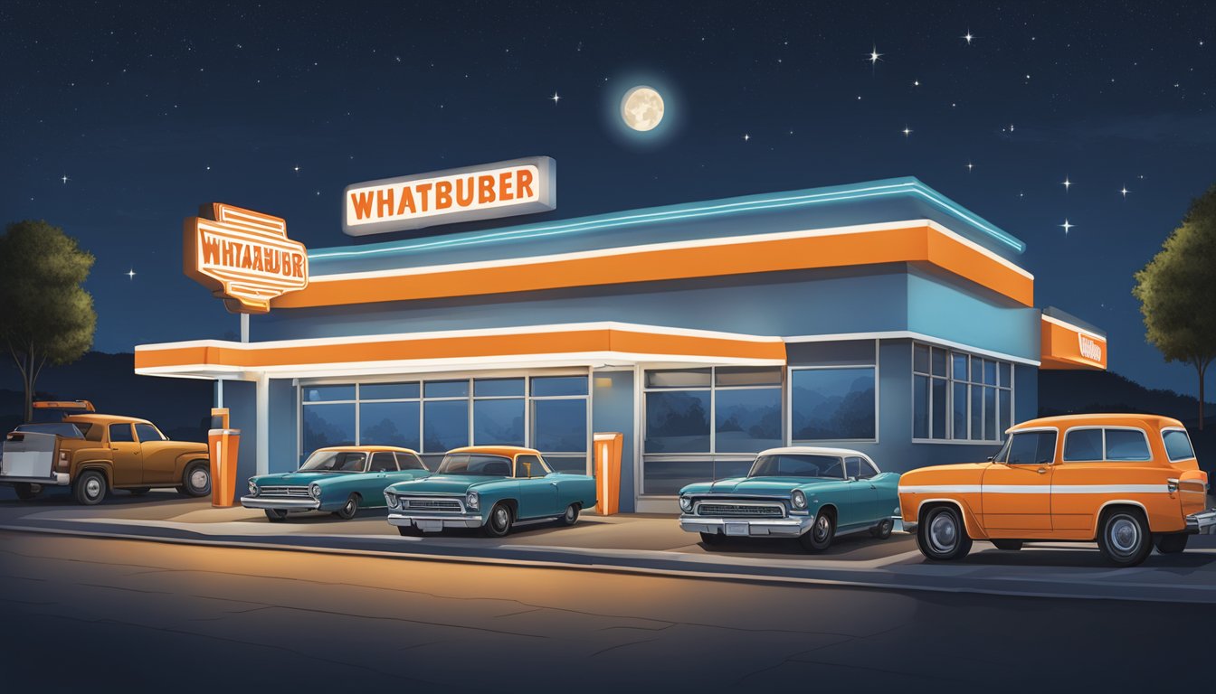 The Whataburger sign shines brightly against the night sky, with the drive-thru window open and cars lined up for late-night burgers