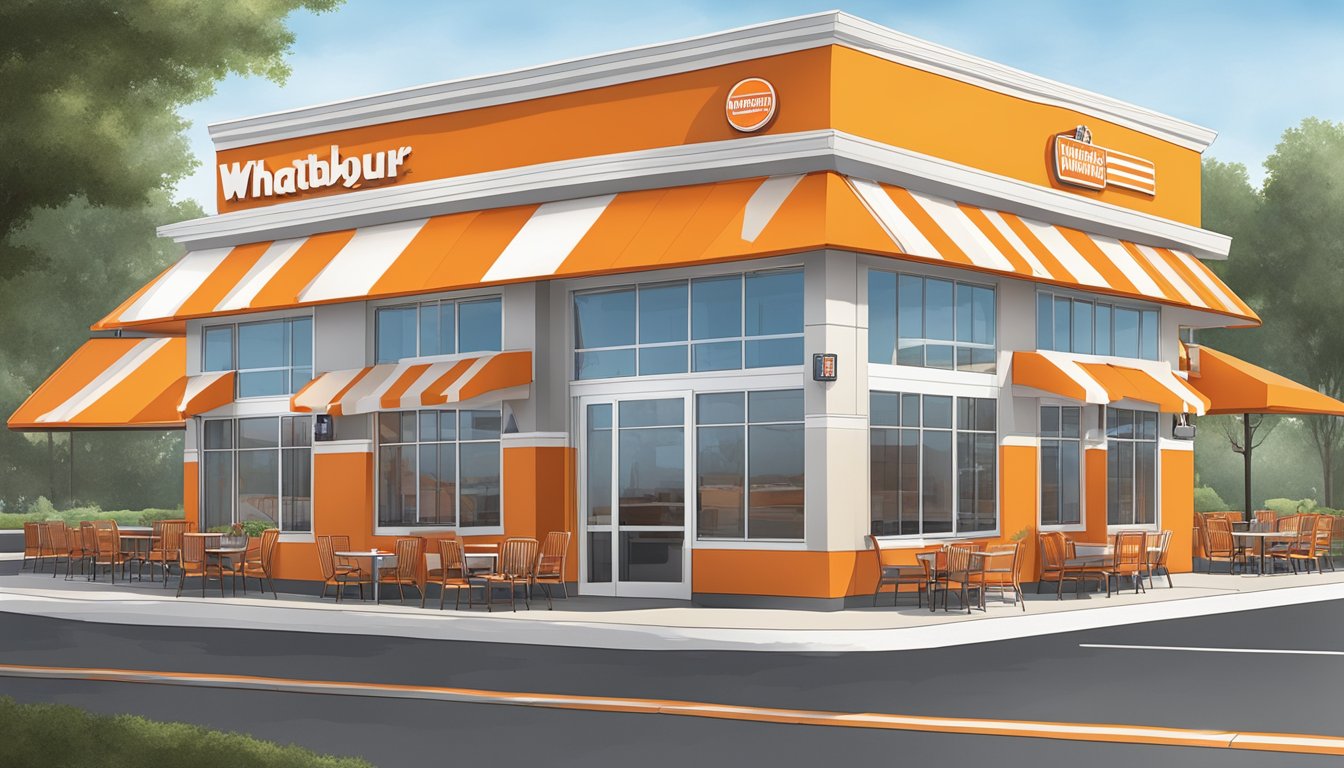 A Whataburger restaurant in Irmo, SC, with the iconic orange and white striped building, drive-thru lanes, and outdoor seating area